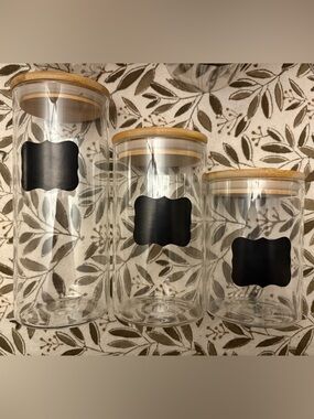 Clear Glass Jars (12) with Chalkboard Labels and Bamboo Lids